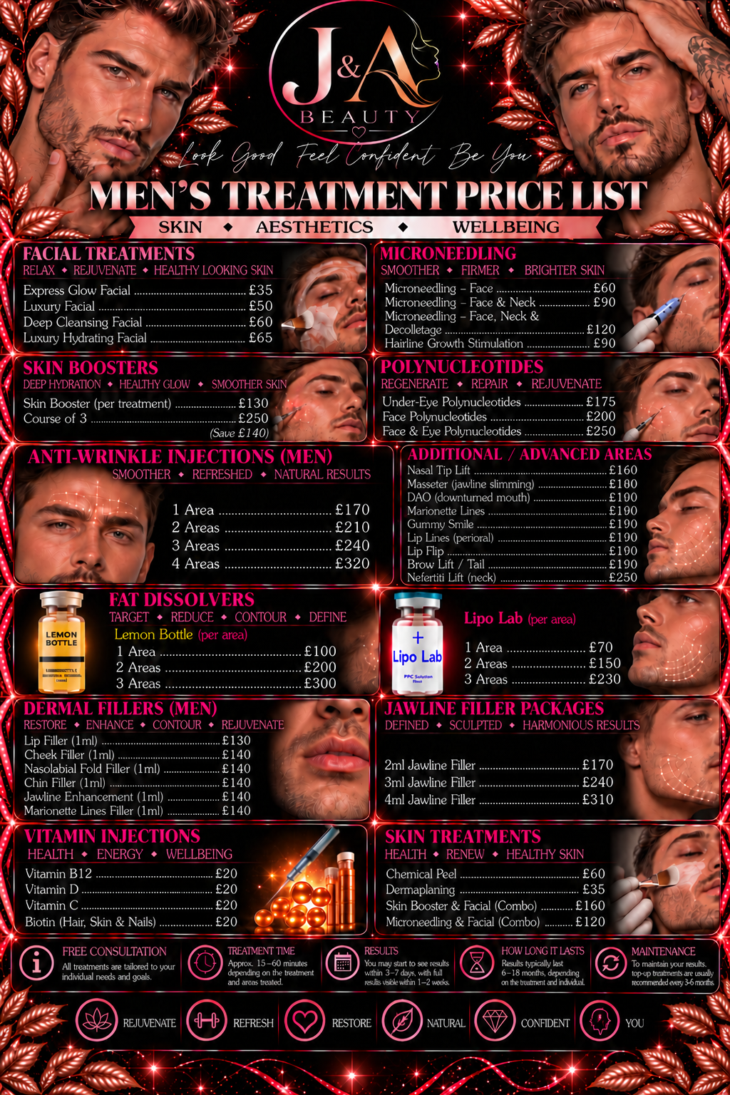 J&A Beauty Aesthetics men's treatment price list
