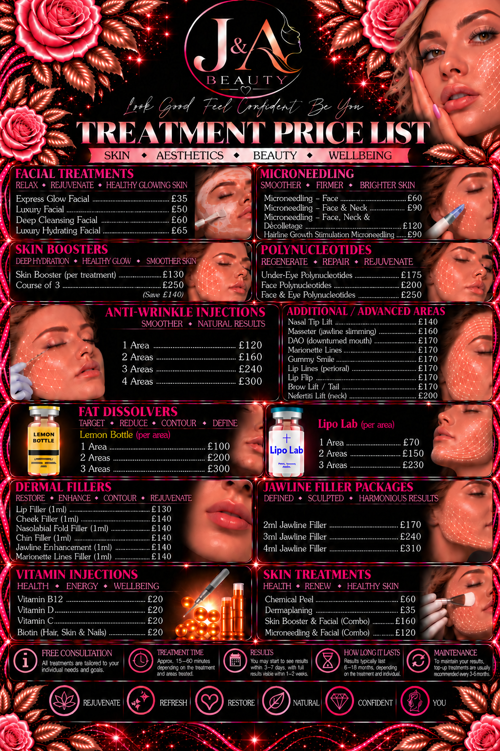 J&A Beauty Aesthetics treatment price list